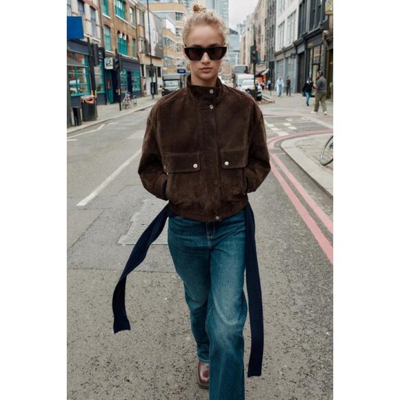 ZARA SUEDE LEATHER BOMBER JACKET WITH POCKETS - Picture 6 of 13